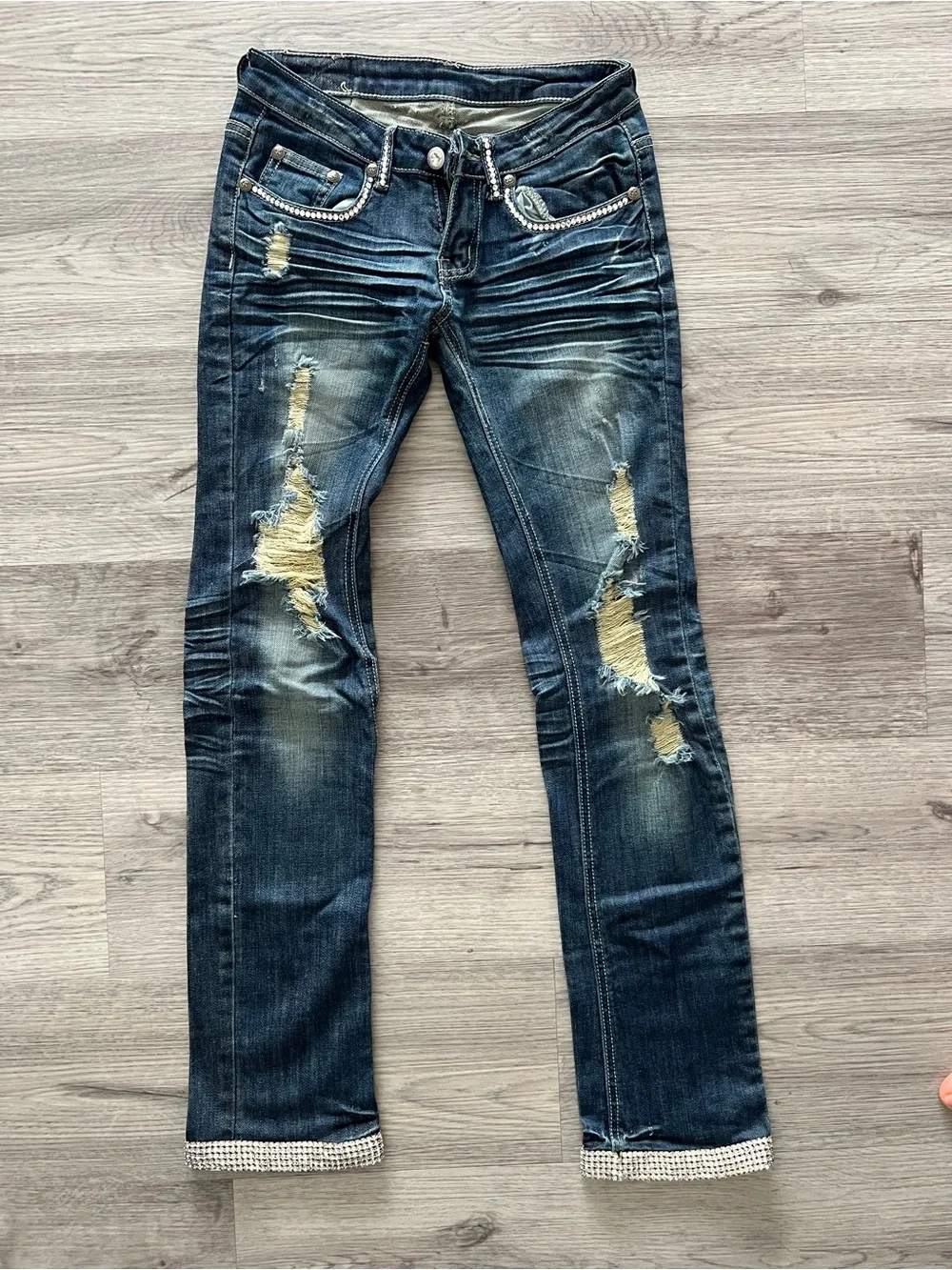 A7 Swarovski Crystal Distressed Jeans Size 1 | Rhinestone Hem | Low Rise